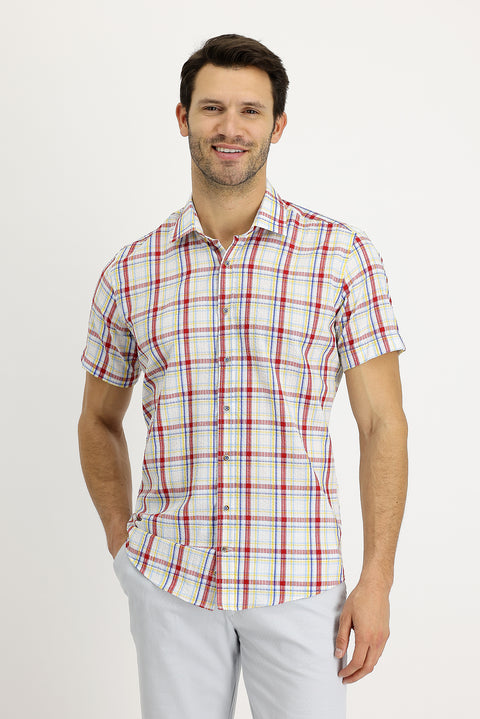 Flag Red Short Sleeve Slim Fit Narrow Cut Plaid Cotton Shirt