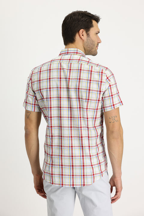 Flag Red Short Sleeve Slim Fit Narrow Cut Plaid Cotton Shirt