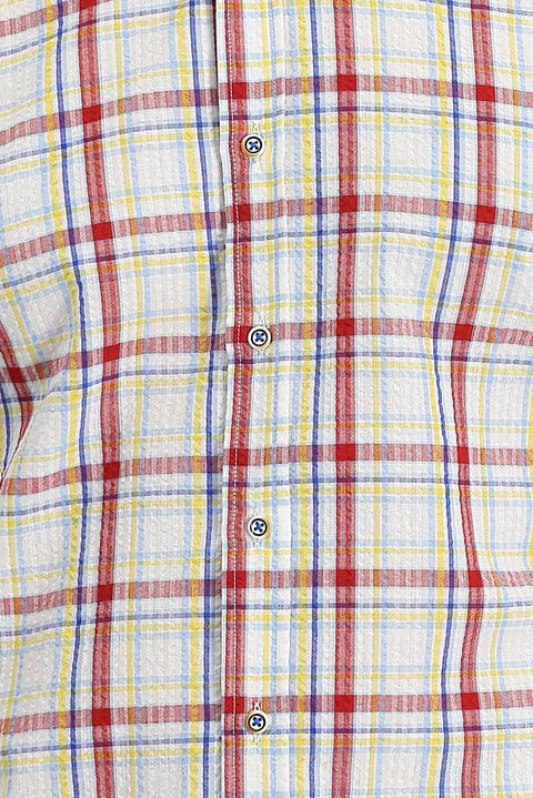 Flag Red Short Sleeve Slim Fit Narrow Cut Plaid Cotton Shirt