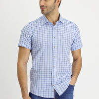 Light Blue Short Sleeve Slim Fit Narrow Cut Plaid Waffle Cotton Shirt
