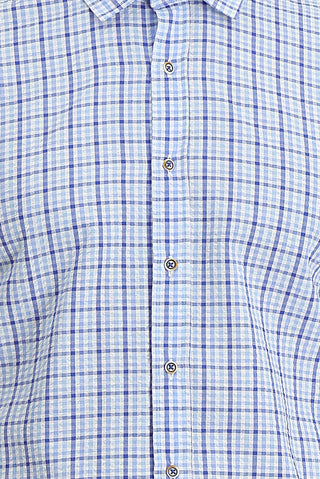  Açık Mavi Kısa Kol Slim Fit Dar Kesim Ekose Gofre Pamuklu Gömlek