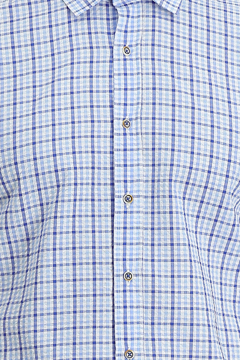 Light Blue Short Sleeve Slim Fit Narrow Cut Plaid Waffle Cotton Shirt