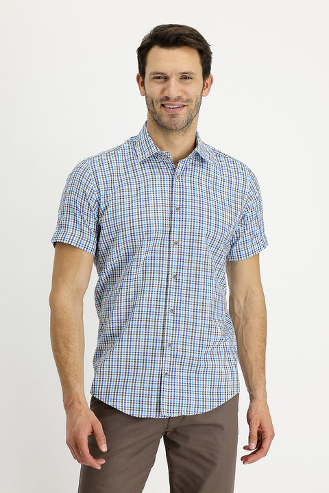 Mavi Kısa Kol Slim Fit Dar Kesim Ekose Gömlek