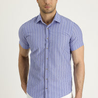 Navy Blue Short-Sleeve Patterned Cotton Easy-Iron Shirt