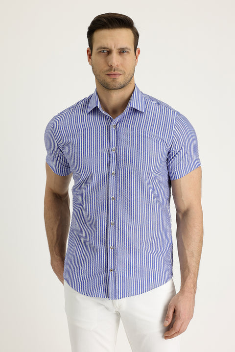 Navy Blue Short-Sleeve Patterned Cotton Easy-Iron Shirt