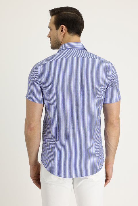 Navy Blue Short-Sleeve Patterned Cotton Easy-Iron Shirt