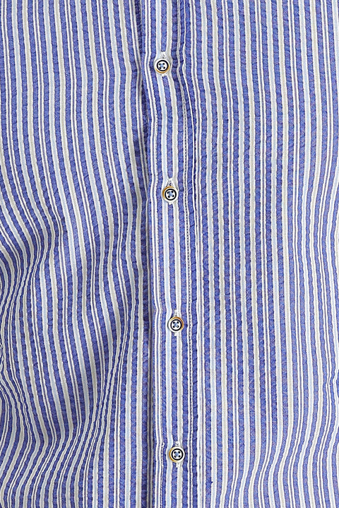 Navy Blue Short-Sleeve Patterned Cotton Easy-Iron Shirt