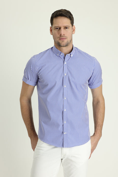 Saks Mavi Kısa Kol Slim Fit Dar Kesim Ekose Pamuk Gömlek