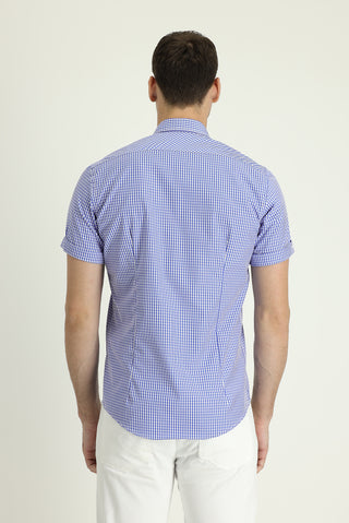  Saks Mavi Kısa Kol Slim Fit Dar Kesim Ekose Pamuk Gömlek