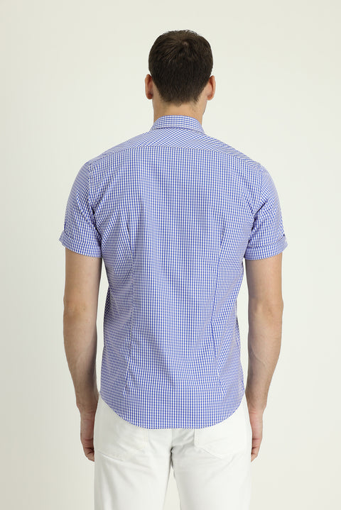 Saks Mavi Kısa Kol Slim Fit Dar Kesim Ekose Pamuk Gömlek