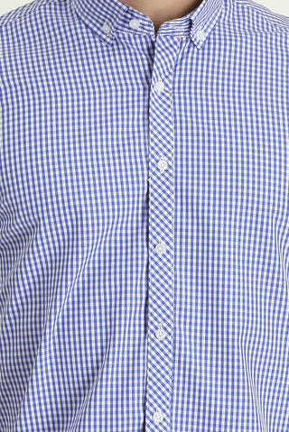  Saks Mavi Kısa Kol Slim Fit Dar Kesim Ekose Pamuk Gömlek