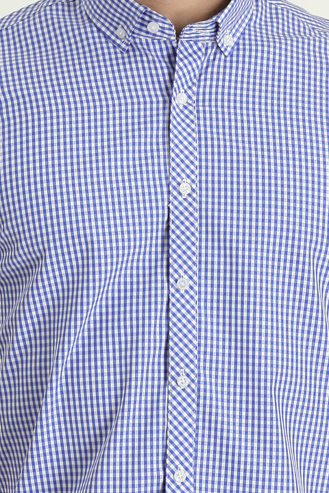 Saks Mavi Kısa Kol Slim Fit Dar Kesim Ekose Pamuk Gömlek