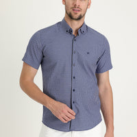 Medium Navy Short Sleeve Slim Fit Narrow Cut Plaid Cotton Shirt