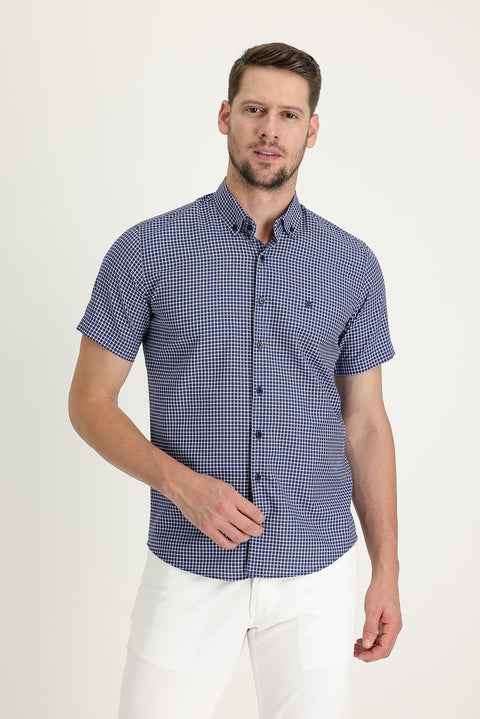 Medium Navy Short Sleeve Slim Fit Narrow Cut Plaid Cotton Shirt