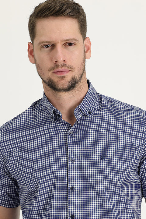 Medium Navy Short Sleeve Slim Fit Narrow Cut Plaid Cotton Shirt
