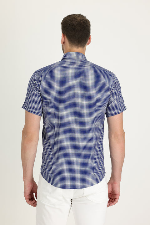 Medium Navy Short Sleeve Slim Fit Narrow Cut Plaid Cotton Shirt