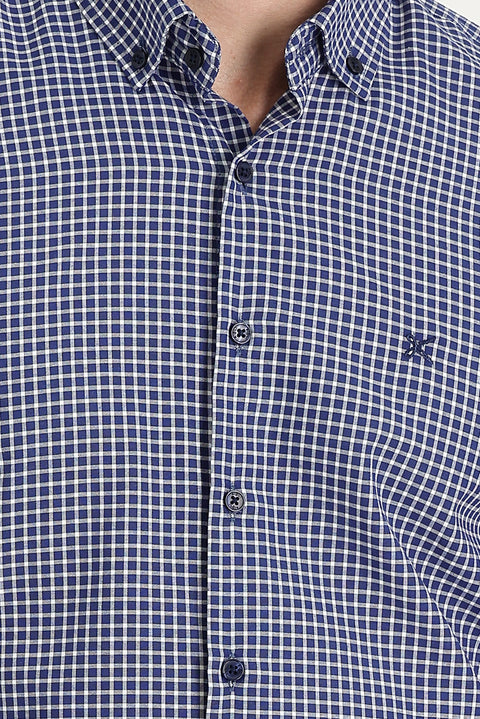 Medium Navy Short Sleeve Slim Fit Narrow Cut Plaid Cotton Shirt