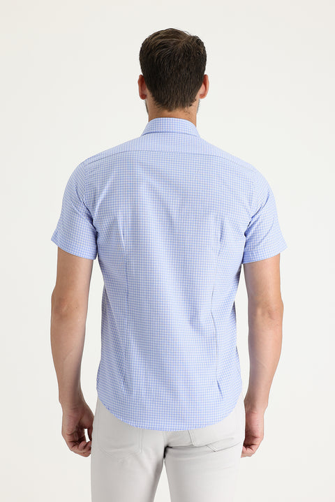 Açık Mavi Kısa Kol Slim Fit Dar Kesim Ekose Pamuklu Gömlek