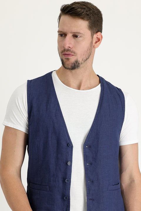 Medium Navy Slim Fit Linen Vest