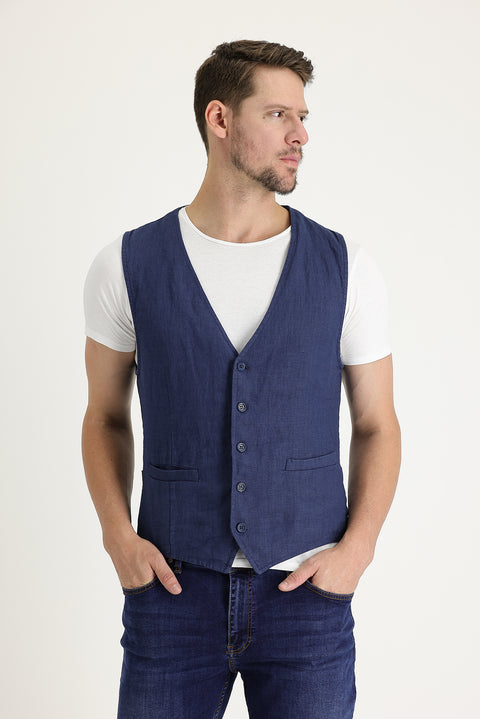 Medium Navy Slim Fit Linen Vest