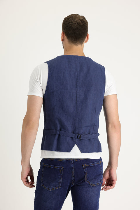 Medium Navy Slim Fit Linen Vest