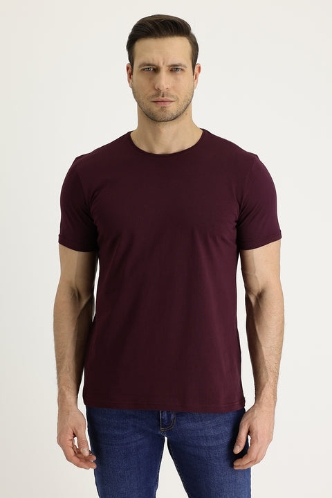 Koyu Bordo Bisiklet Yaka Regular Fit Süprem Pamuk Tişört