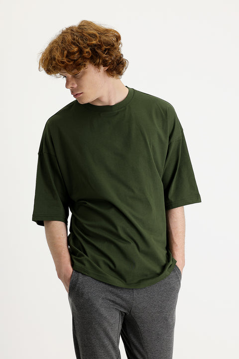 Medium Khaki Crew Neck Oversize Supreme Cotton T-Shirt