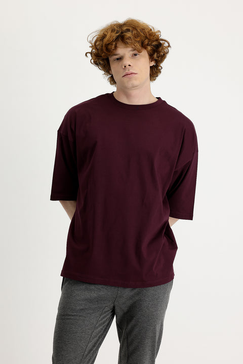 Dark Burgundy Crew Neck Oversize Supreme Cotton T-Shirt