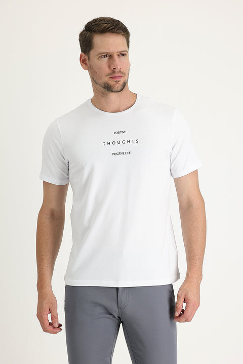 White Crew Neck Regular Fit Printed Cotton T-shirt