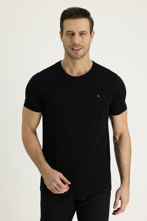 Black Crew Neck Slim Fit Embroidered T-Shirt