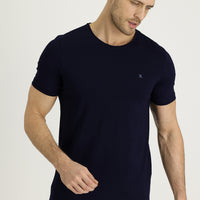 Black and Navy Blue Crew Neck Slim Fit Embroidered T-Shirt