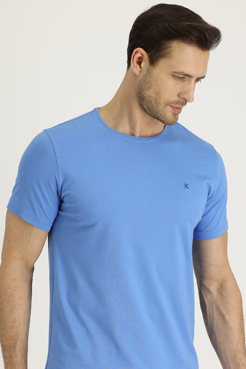 Havacı Mavi Bisiklet Yaka Slim Fit Dar Kesim Nakışlı Tişört