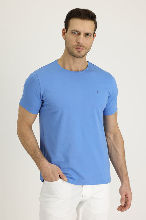 Havacı Mavi Bisiklet Yaka Slim Fit Dar Kesim Nakışlı Tişört