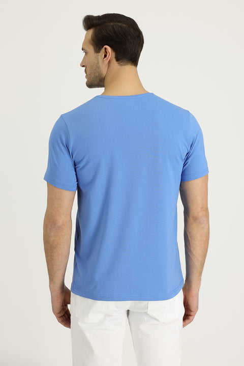 Havacı Mavi Bisiklet Yaka Slim Fit Dar Kesim Nakışlı Tişört