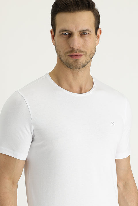 White Crew Neck Slim Fit Embroidered T-Shirt