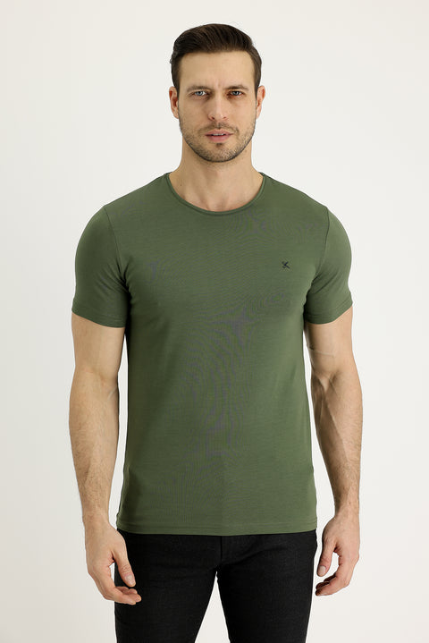 Orta Haki Bisiklet Yaka Slim Fit Dar Kesim Nakışlı Tişört
