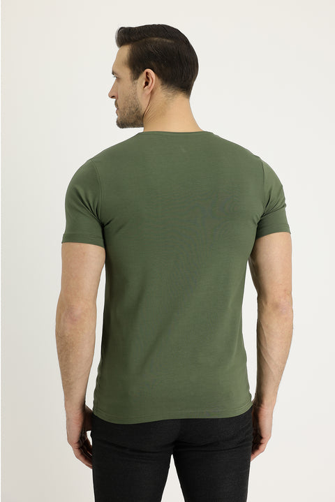 Orta Haki Bisiklet Yaka Slim Fit Dar Kesim Nakışlı Tişört