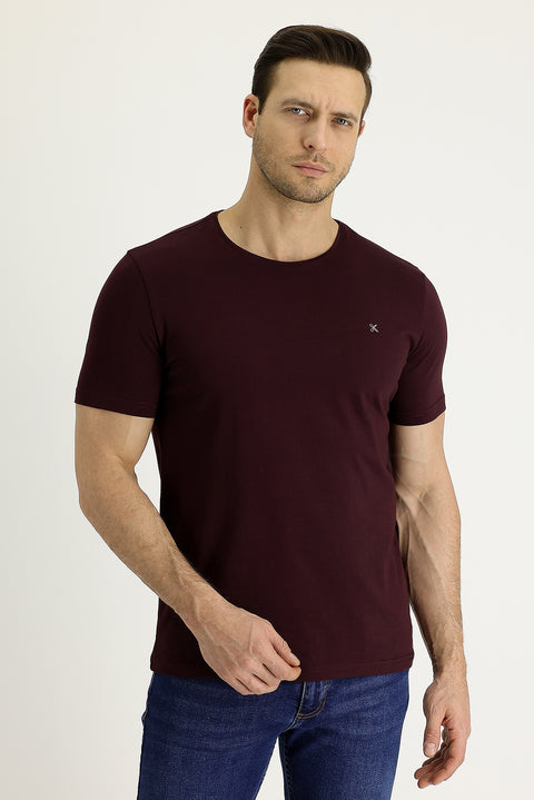 Dark Burgundy Crew Neck Slim Fit Embroidered T-Shirt