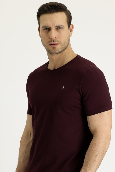 Dark Burgundy Crew Neck Slim Fit Embroidered T-Shirt