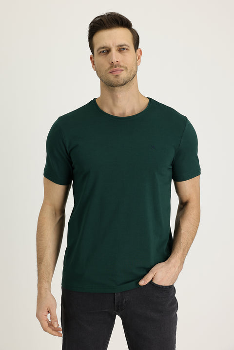 Dark Green Crew Neck Slim Fit Embroidered T-Shirt