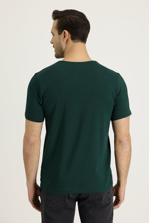 Dark Green Crew Neck Slim Fit Embroidered T-Shirt