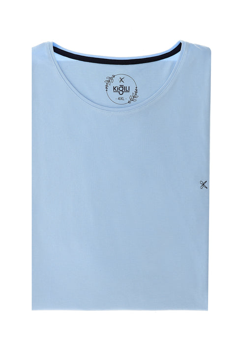 Light Blue Plus Size Crew Neck Embroidered Cotton Supreme T-Shirt