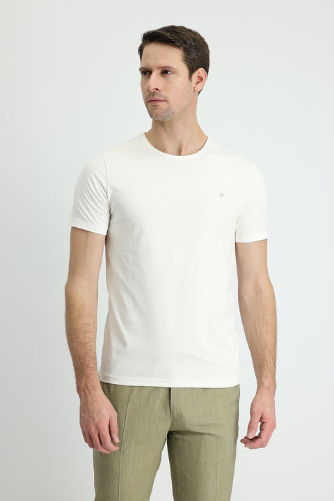 Ekru Bisiklet Yaka Slim Fit Dar Kesim Tişört