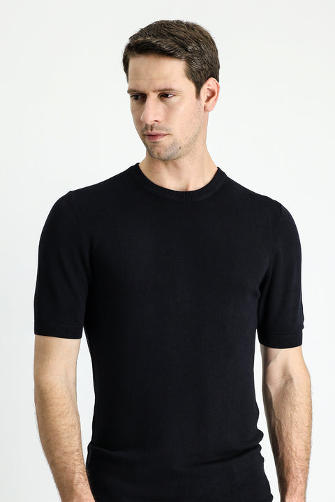 Black Crew Neck Slim Fit Patterned T-shirt