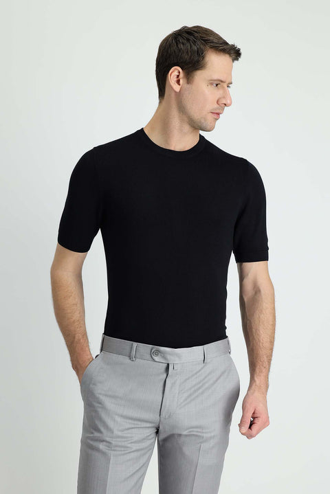 Black Crew Neck Slim Fit Patterned T-shirt