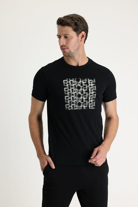 Black Crew Neck Slim Fit Printed Cotton T-shirt