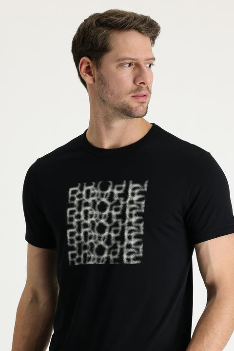 Black Crew Neck Slim Fit Printed Cotton T-shirt