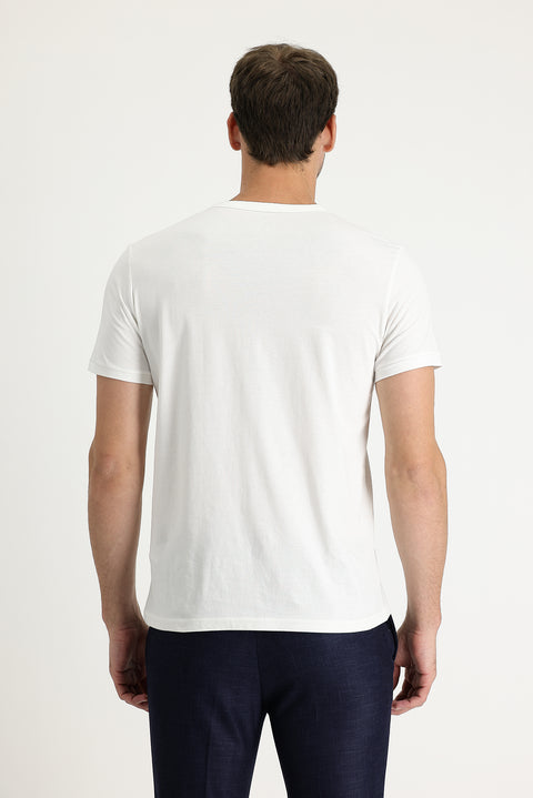 Ekru Bisiklet Yaka Slim Fit Dar Kesim Baskılı Pamuk Tişört