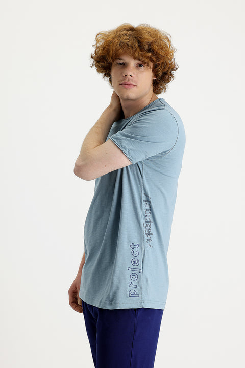 Dark Blue Crew Neck Slim Fit Printed Cotton T-Shirt