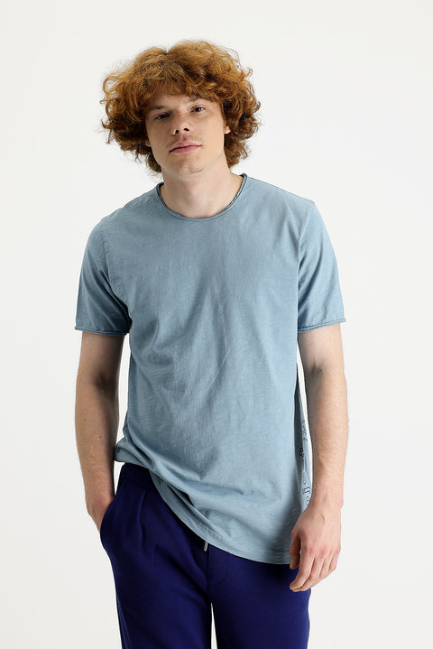 Dark Blue Crew Neck Slim Fit Printed Cotton T-Shirt